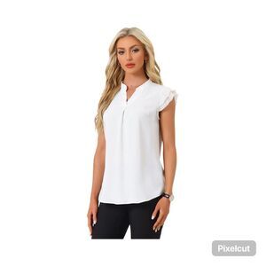 NWOT Size Size XL Allegra K V Neck Ruffle Cap Sleeves Solid White Top